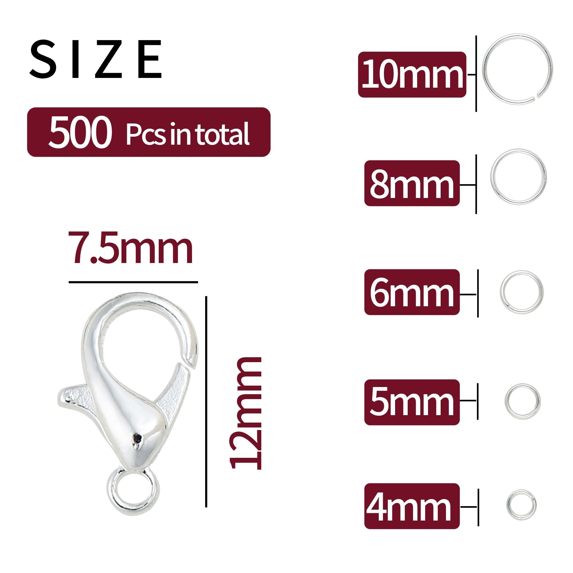 Silver lobster clasp and various sizes of open jump rings shown with dimensions