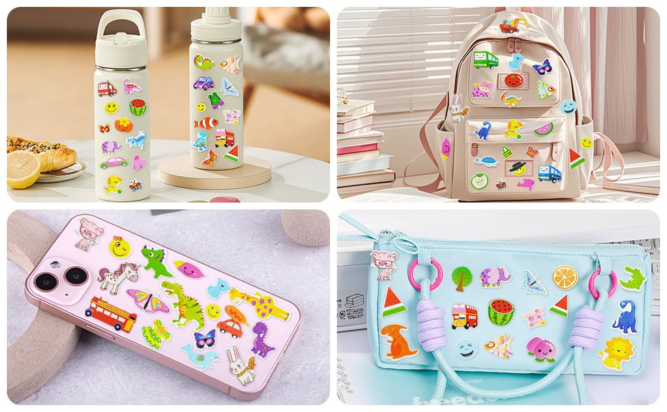 Collage of puffy stickers applied to water bottles, backpack, phone case, and pencil case.