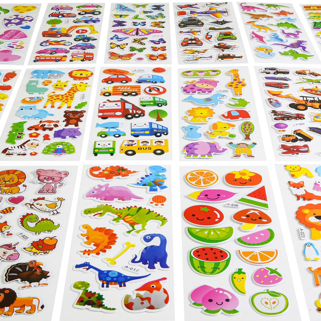 Sheets of puffy stickers featuring dinosaurs, animals, vehicles, and fruit on a white background.