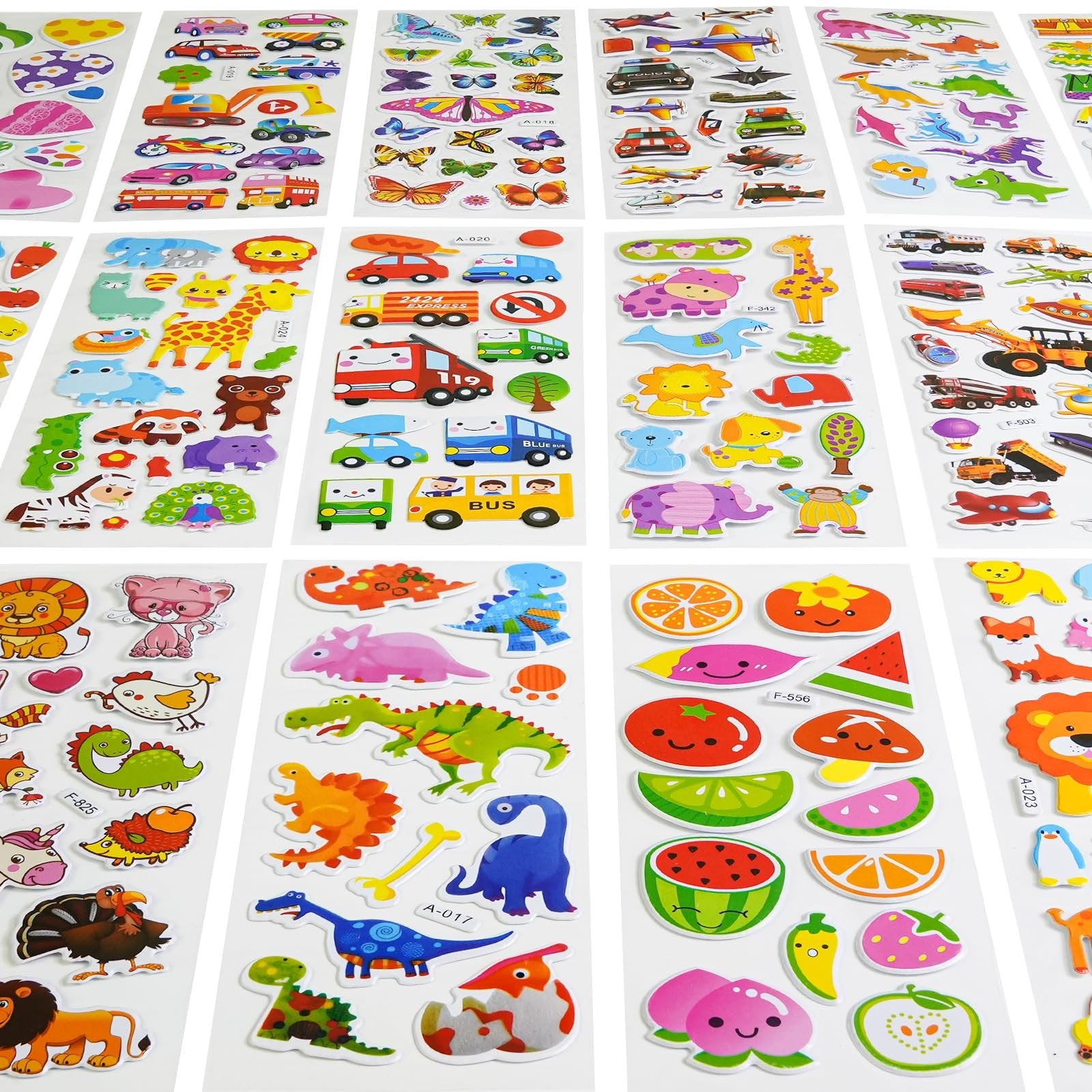 Sheets of puffy stickers featuring dinosaurs, animals, vehicles, and fruit on a white background.