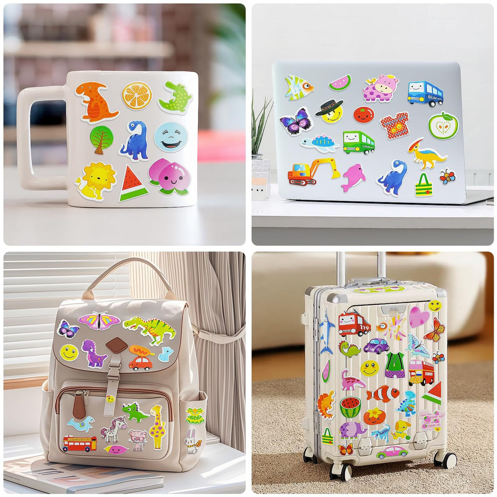 Collage of puffy stickers applied to a mug, laptop, backpack, and suitcase. Stickers feature dinosaurs, animals, vehicles, and fruit.