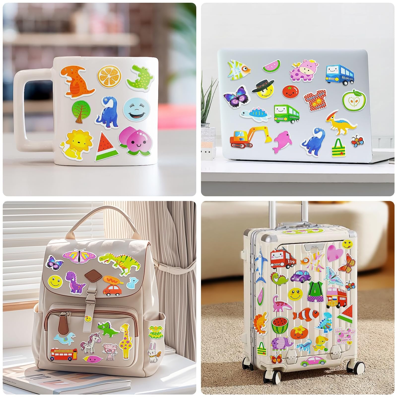 Collage of puffy stickers applied to a mug, laptop, backpack, and suitcase. Stickers feature dinosaurs, animals, vehicles, and fruit.