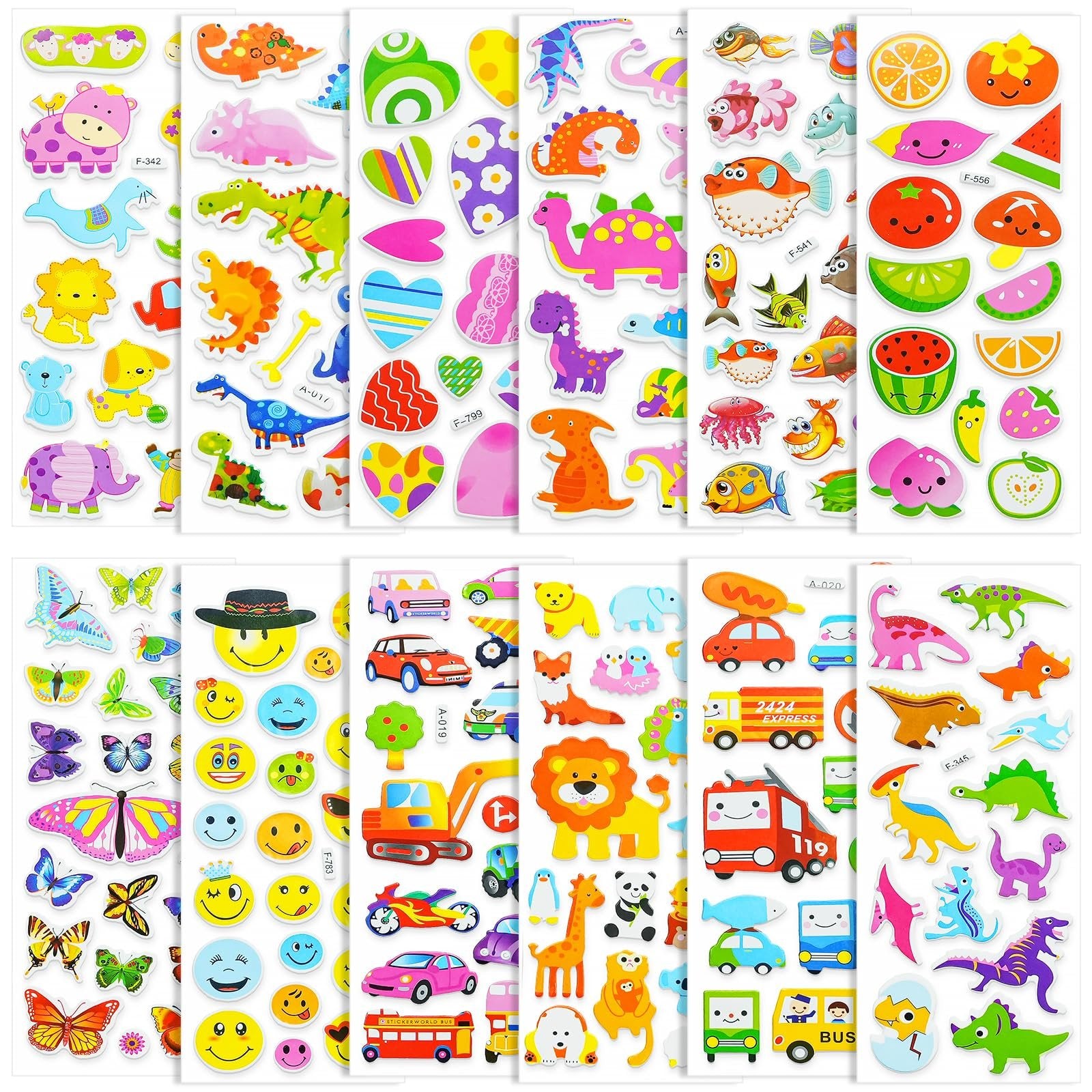 Sheets of puffy stickers featuring dinosaurs, animals, vehicles, fruits, and smiley faces.