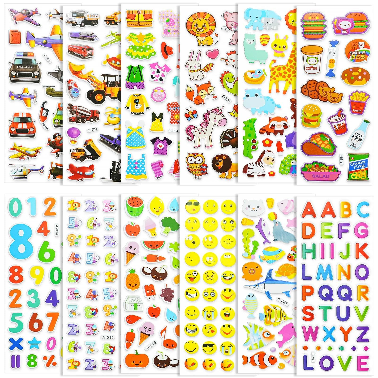 Sheets of puffy stickers featuring various designs including vehicles, clothing, animals, food, emojis, numbers, letters, and more.