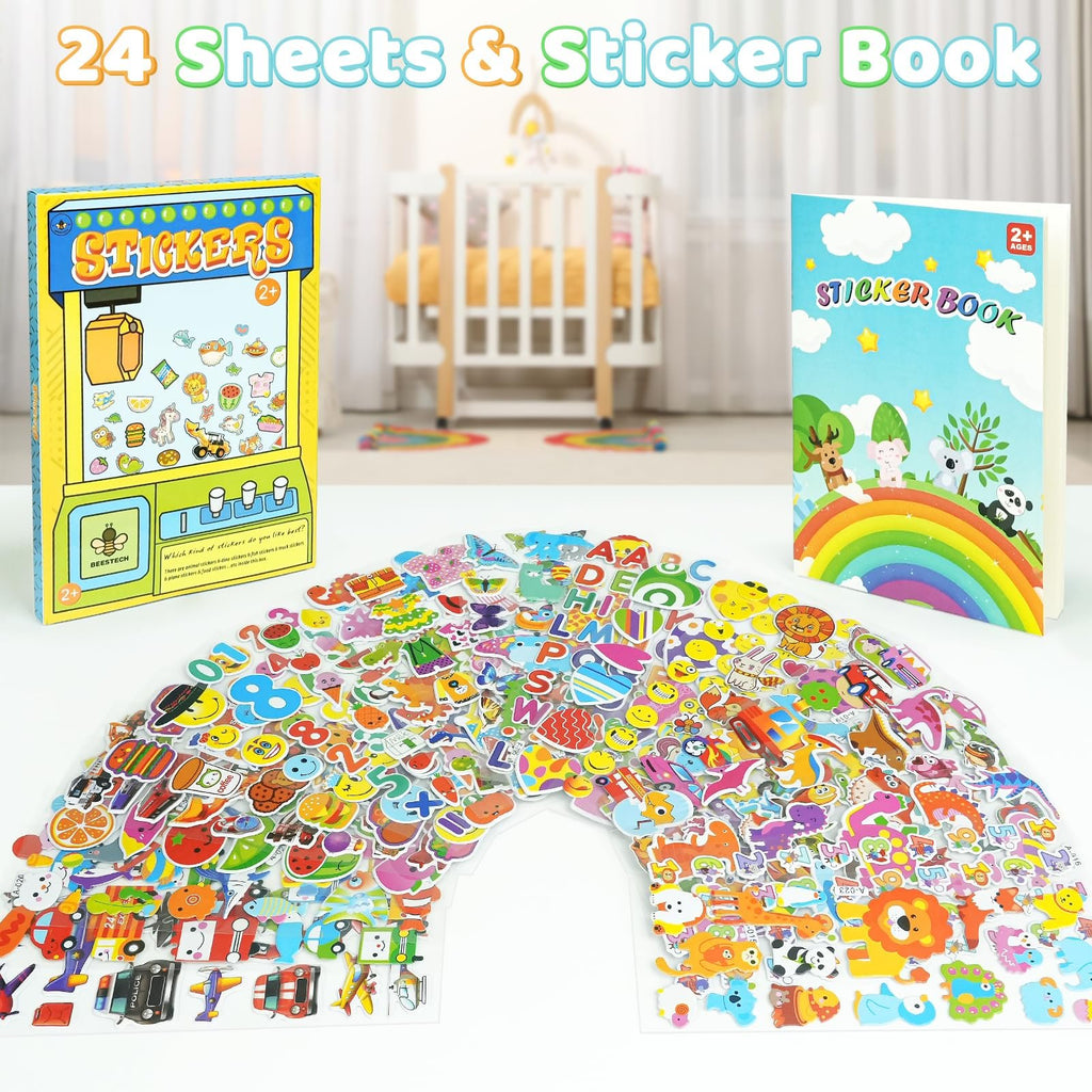 Puffy stickers for kids spread out in a rainbow shape with a sticker book and sticker box in the background.