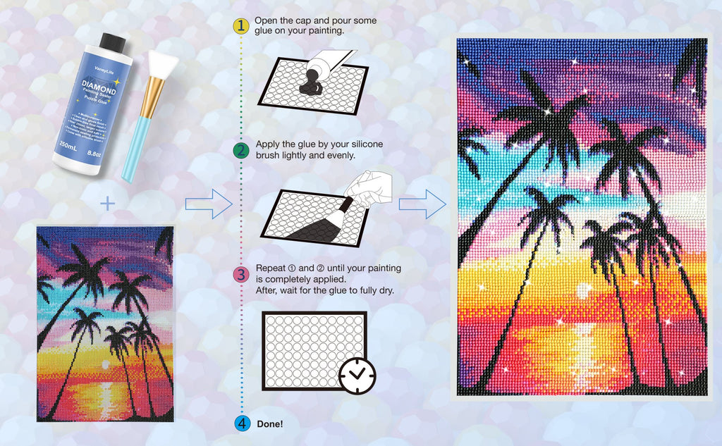 Diamond painting sealer bottle and brush with instructions and finished diamond art of palm trees at sunset.