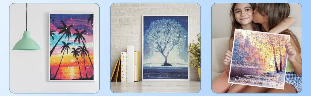 Diamond painting of palm trees at sunset and a winter tree scene, plus a jigsaw puzzle held by two girls.