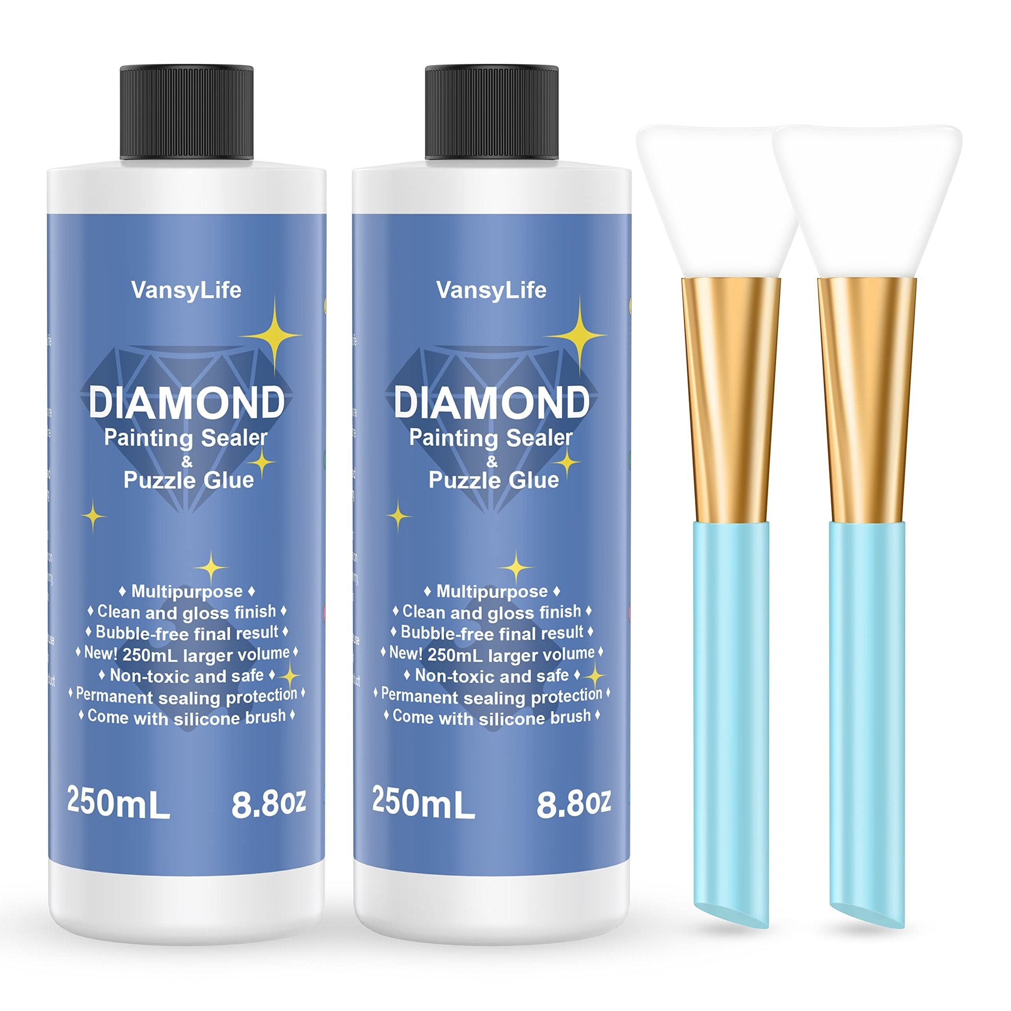Two bottles of diamond painting sealer and puzzle glue with silicone brushes on a white background.