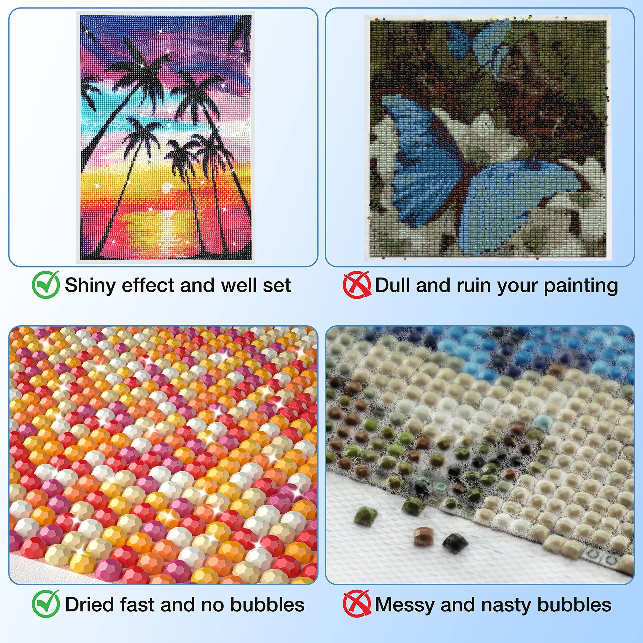 Diamond painting comparison showing shiny effect vs dull, and smooth finish vs bubbles.