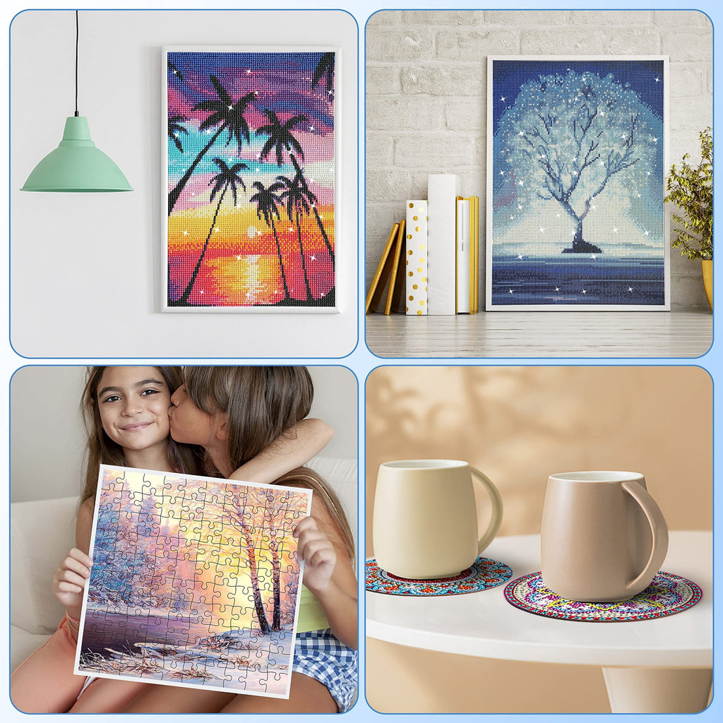 Collage of diamond paintings and puzzles: framed tropical sunset diamond painting, framed winter tree diamond painting, two girls holding a puzzle, and two mugs on diamond painting coasters.