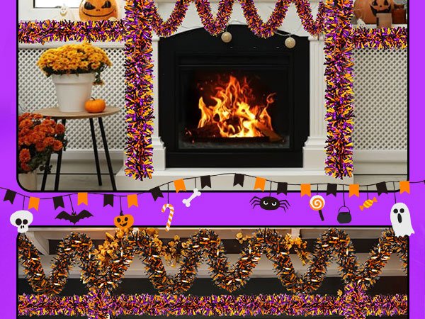 Halloween tinsel garland in orange, black, and purple draped around a fireplace with a fire burning and pumpkins on a side table.