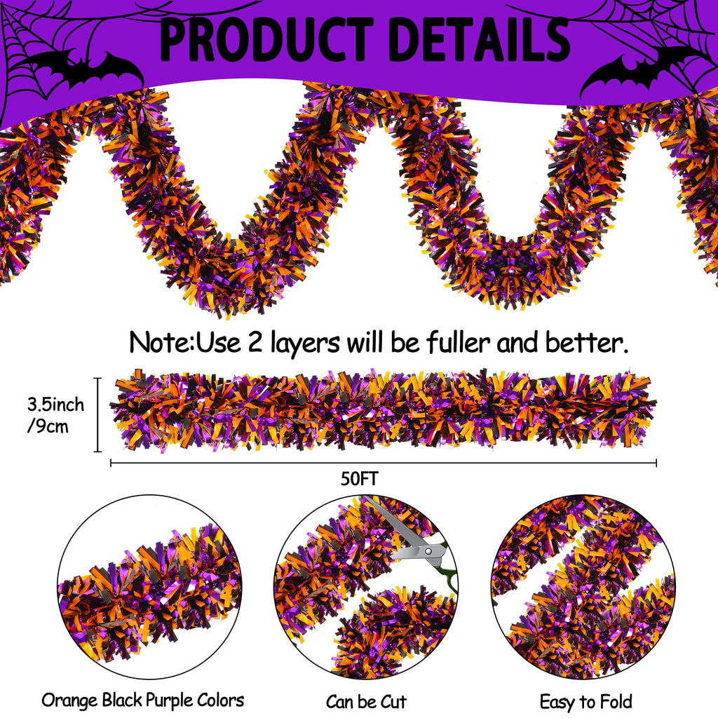 Halloween tinsel garland in orange, black, and purple, shown with product details including width, length, and ease of use.