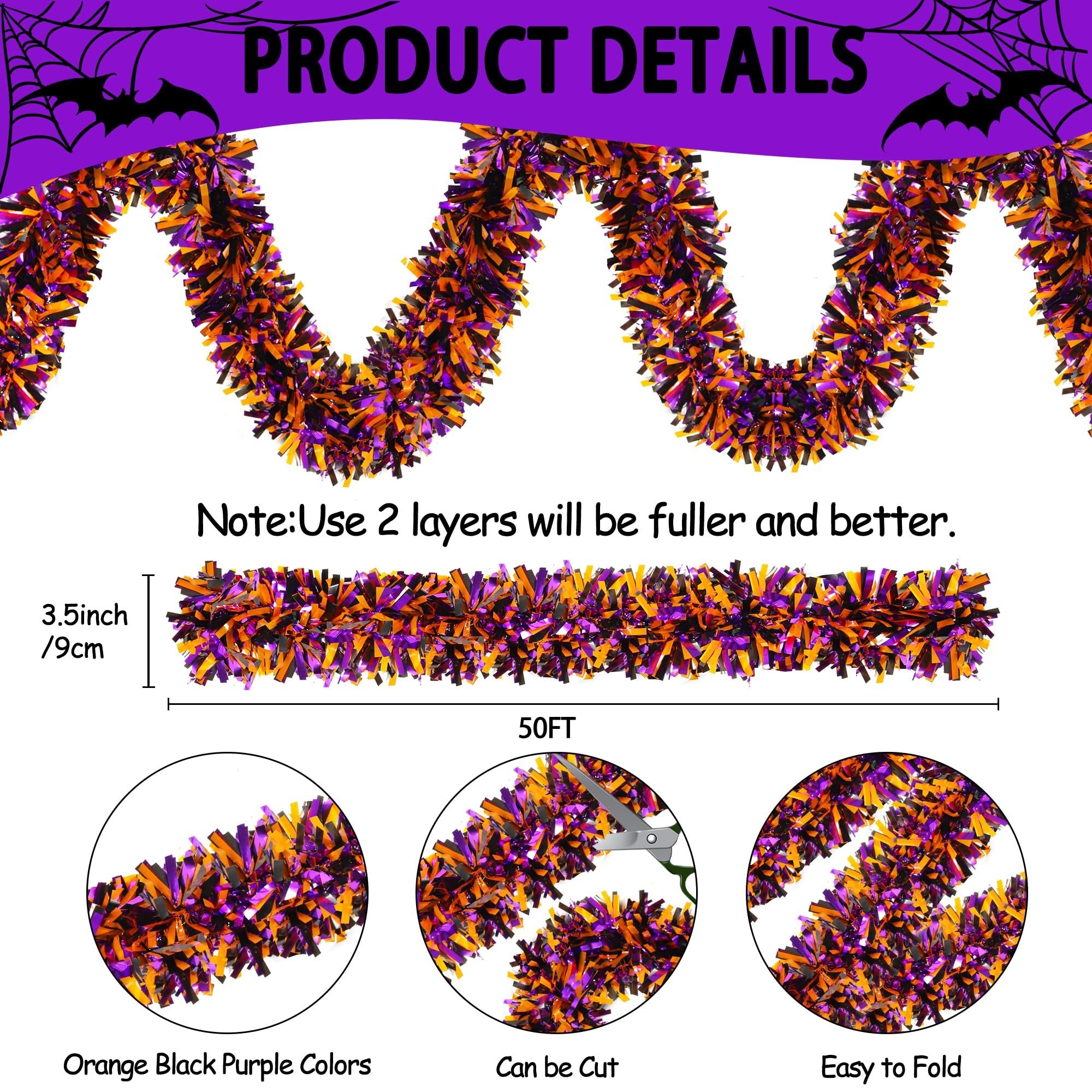 Halloween tinsel garland in orange, black, and purple, shown with product details including width, length, and ease of use.