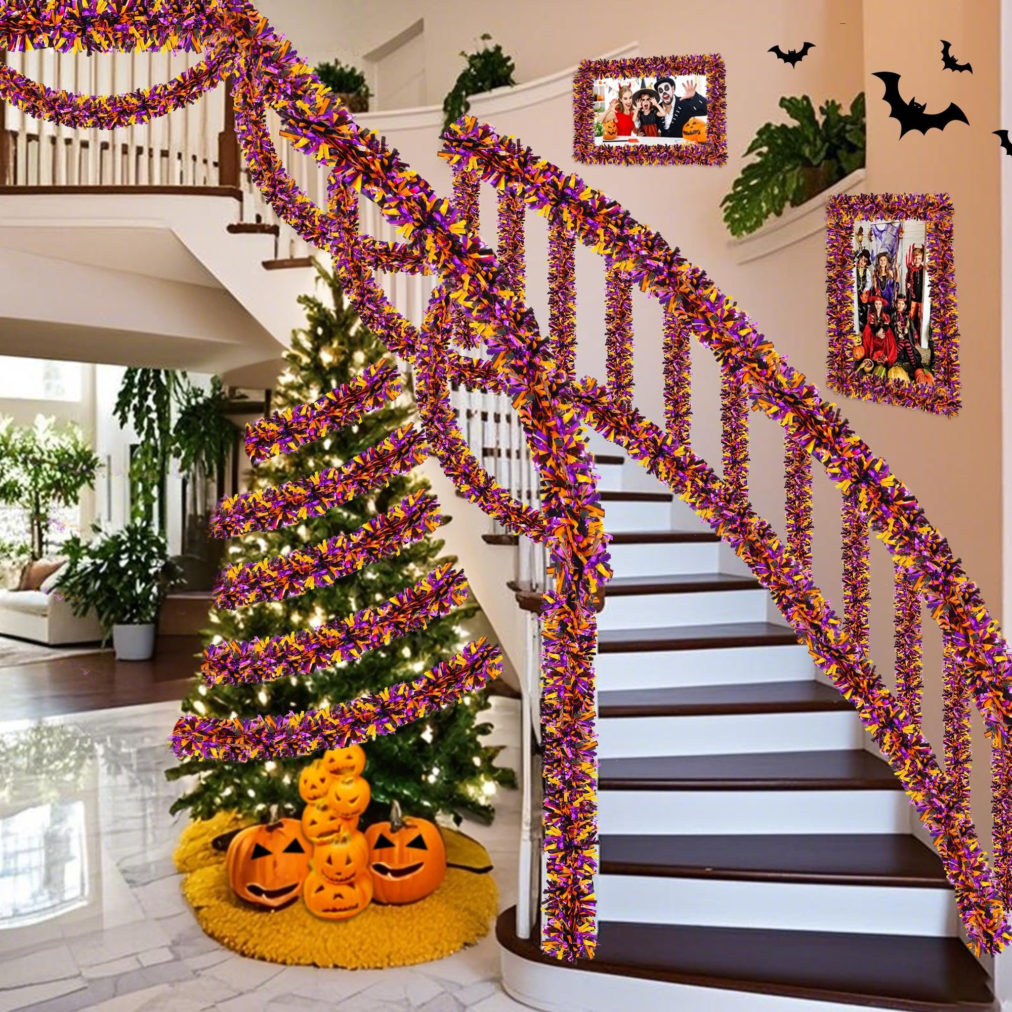 Orange, black, and purple tinsel garland draped on a staircase banister and around a Christmas tree with pumpkins.