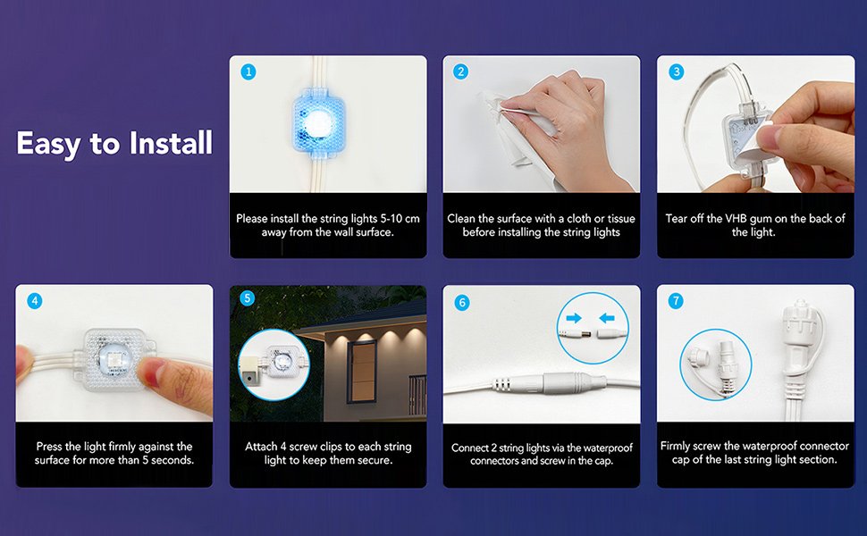 Installation guide for outdoor eaves string lights showing 7 steps from cleaning surface to connecting lights.