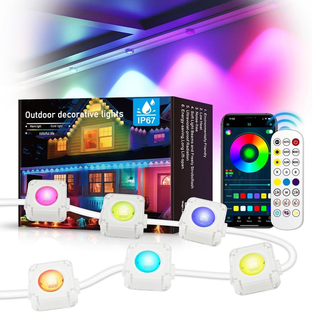 Smart RGB outdoor eaves lights with app and remote control, shown with packaging and individual light modules.
