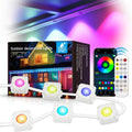 Smart RGB outdoor eaves lights with app and remote control, shown with packaging and individual light modules.