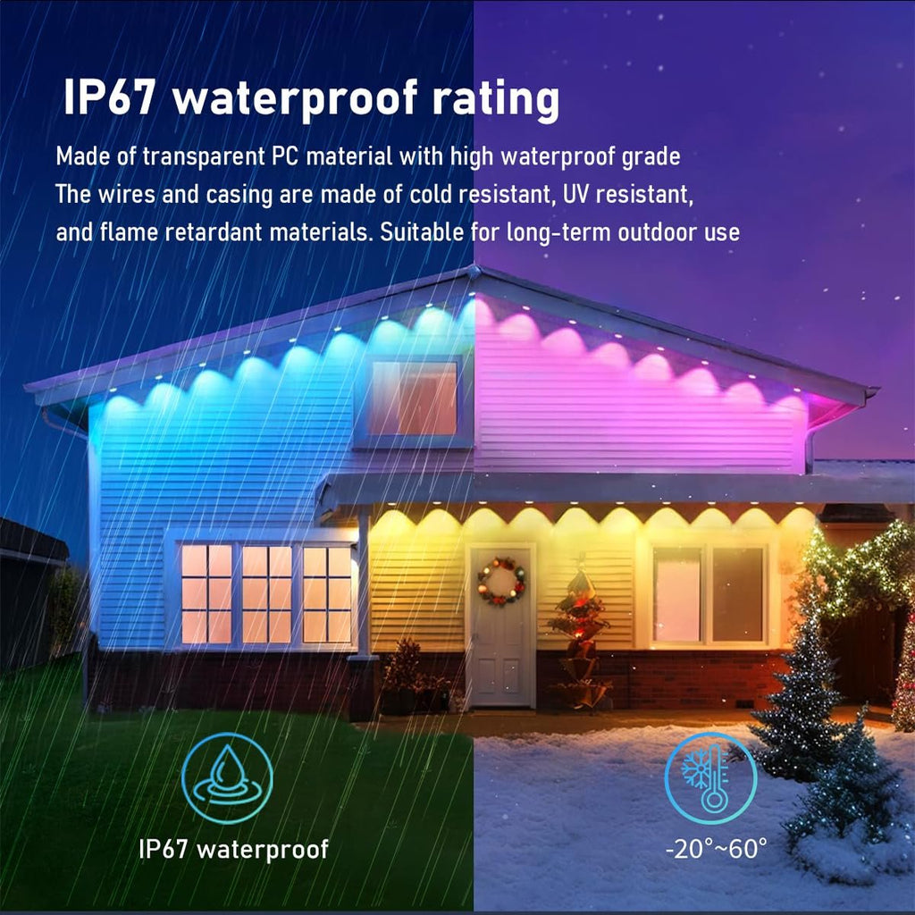 House eaves decorated with smart RGB outdoor lights showing blue, yellow, and pink colors, with rain and snow effects.