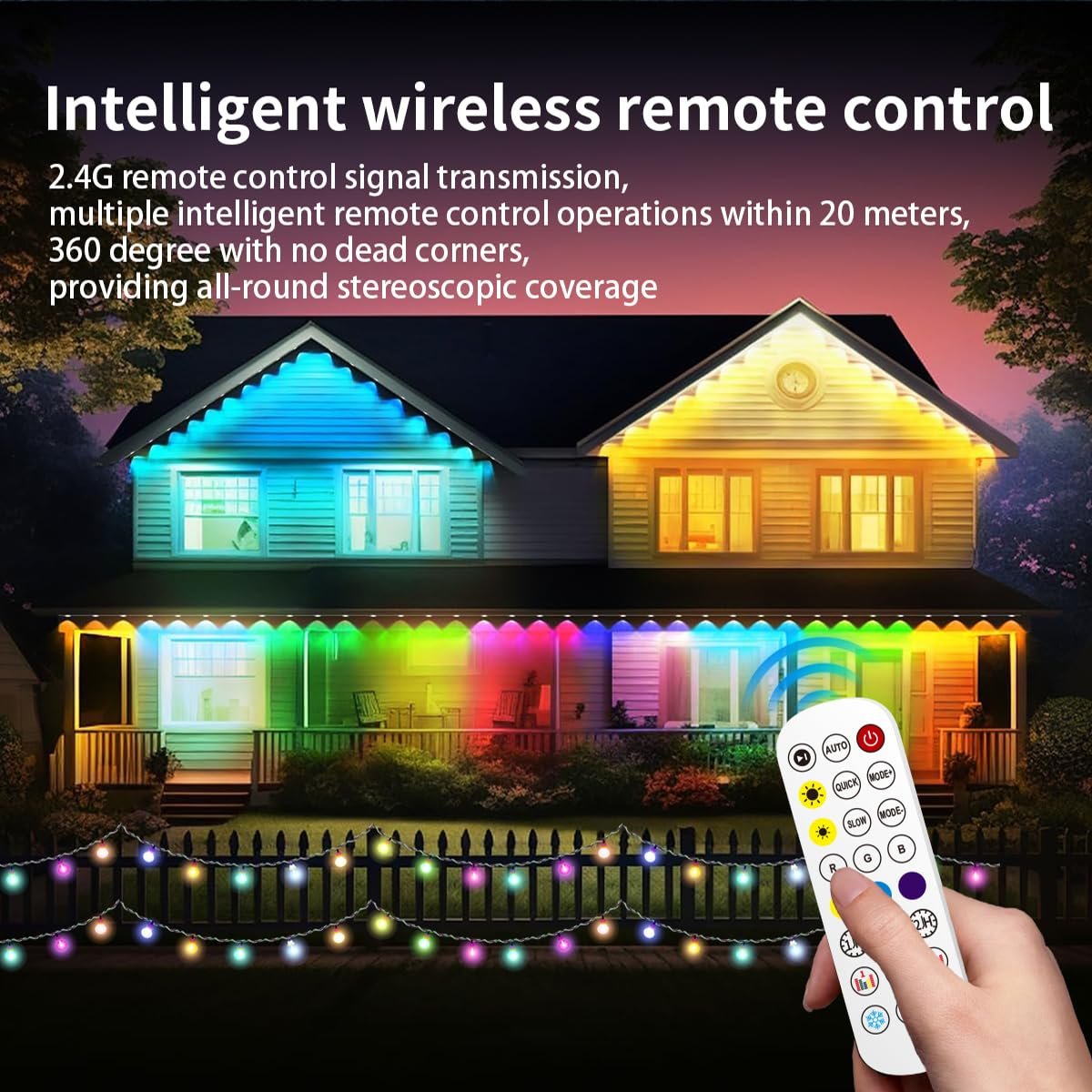 House decorated with colorful smart RGB eaves lights and string lights, controlled by a remote.