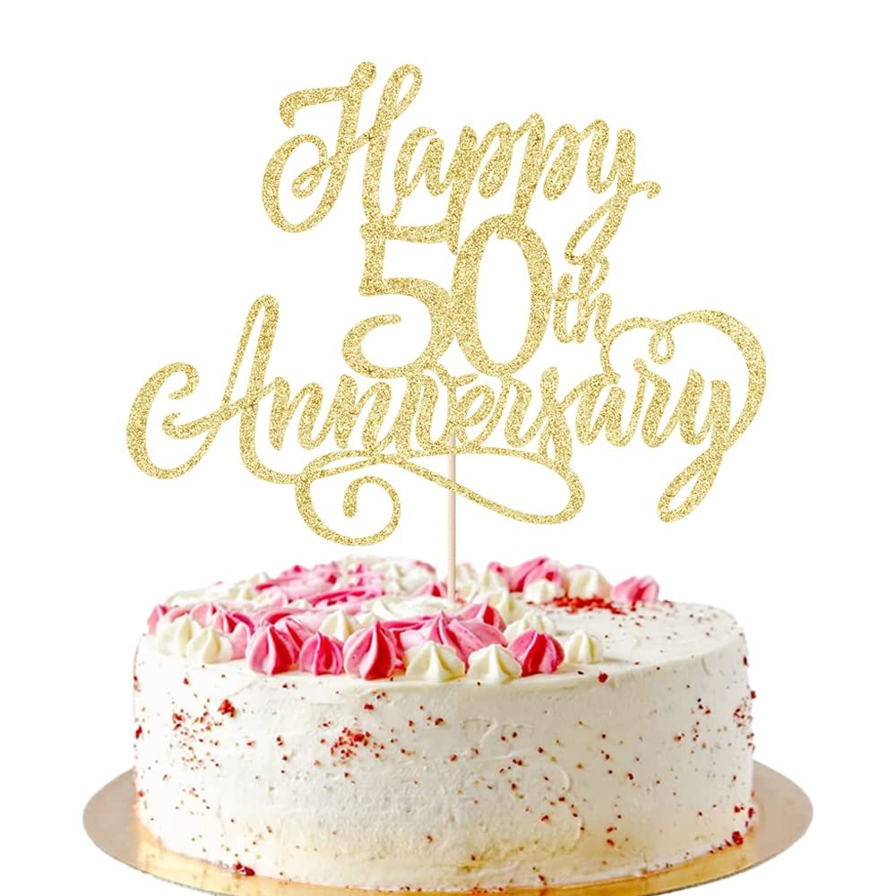 Golden glitter 'Happy 50th Anniversary' cake topper on a decorated cake