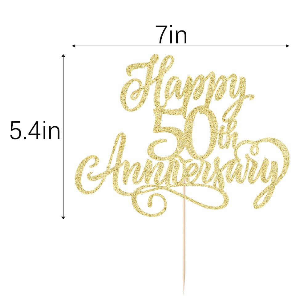 Golden glitter cake topper with 'Happy 50th Anniversary' text, shown with dimensions 7in and 5.4in.
