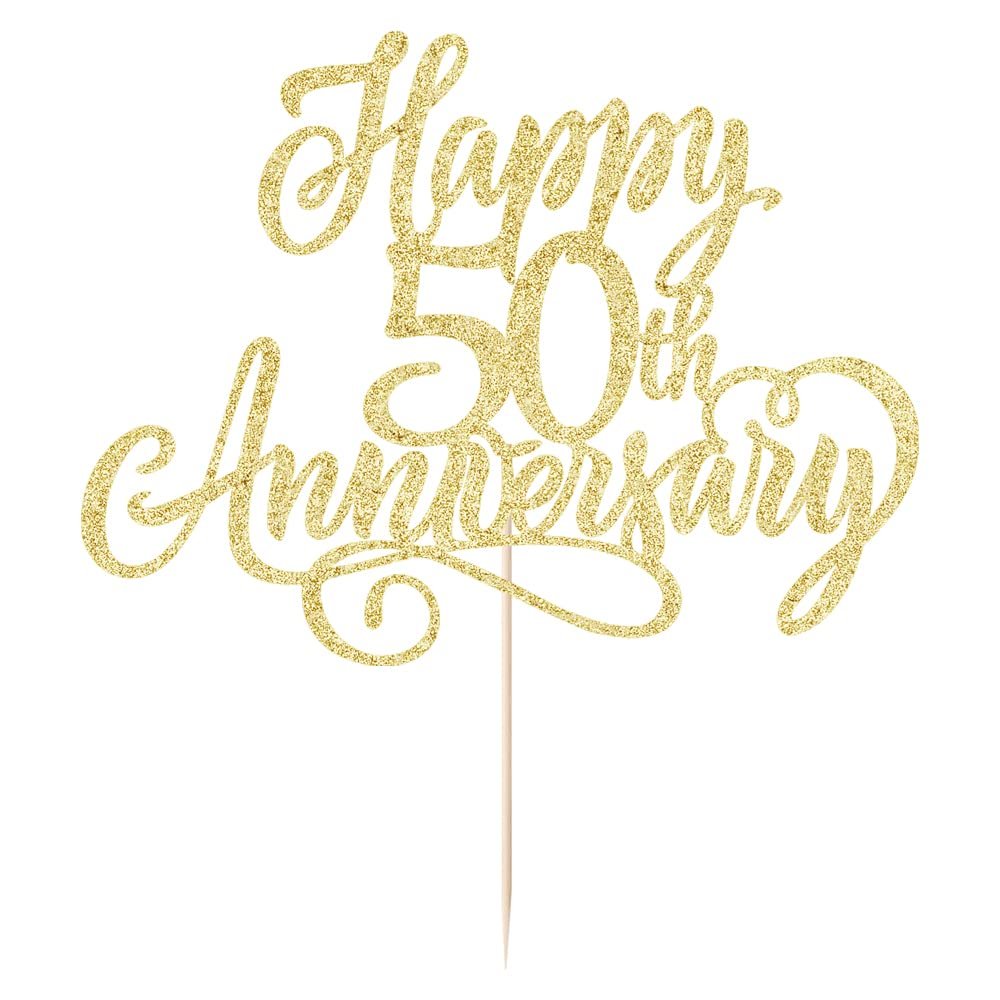 Gold glitter cake topper with 'Happy 50th Anniversary' text on a wooden stick.