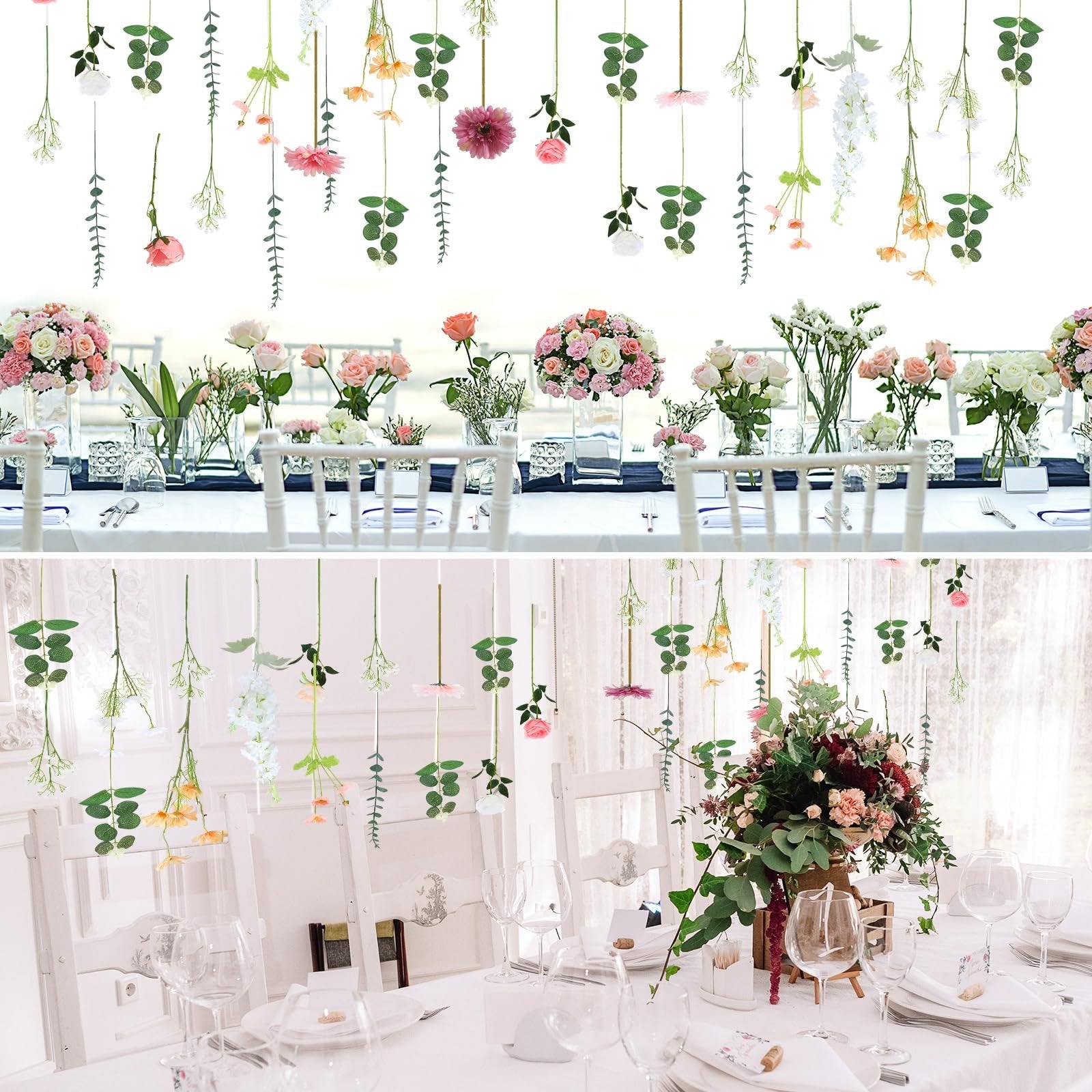Hanging artificial flowers and greenery above a decorated dining table with floral centerpieces.