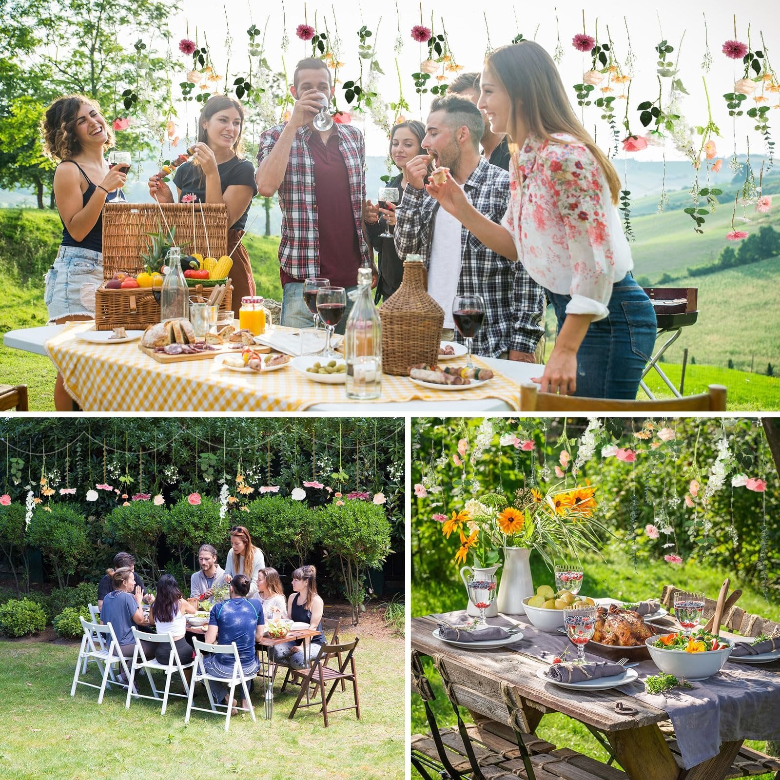 Collage of outdoor party scenes with hanging floral decorations and people enjoying food and drinks.