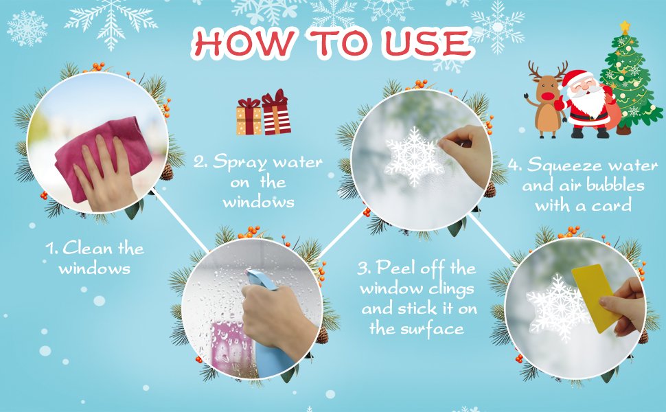 Infographic showing how to apply Christmas snowflake window clings, with four steps illustrated.