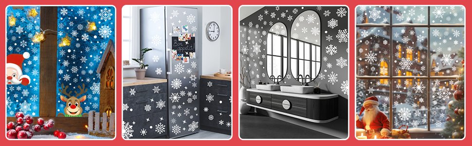 Collage of Christmas snowflake window clings applied to various surfaces including a window with Santa and reindeer, a refrigerator, a bathroom wall, and a window with a snowy village scene.