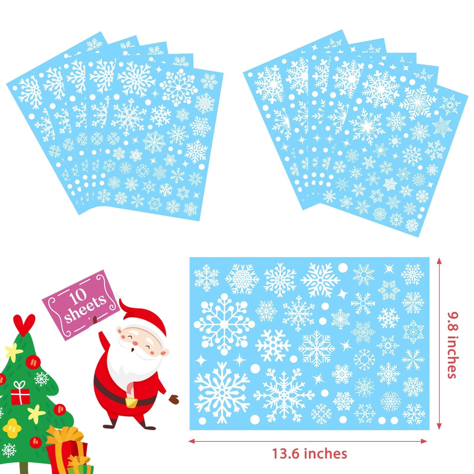 Christmas snowflake window clings on blue sheets, with Santa and a Christmas tree graphic. Includes dimensions and sheet count.