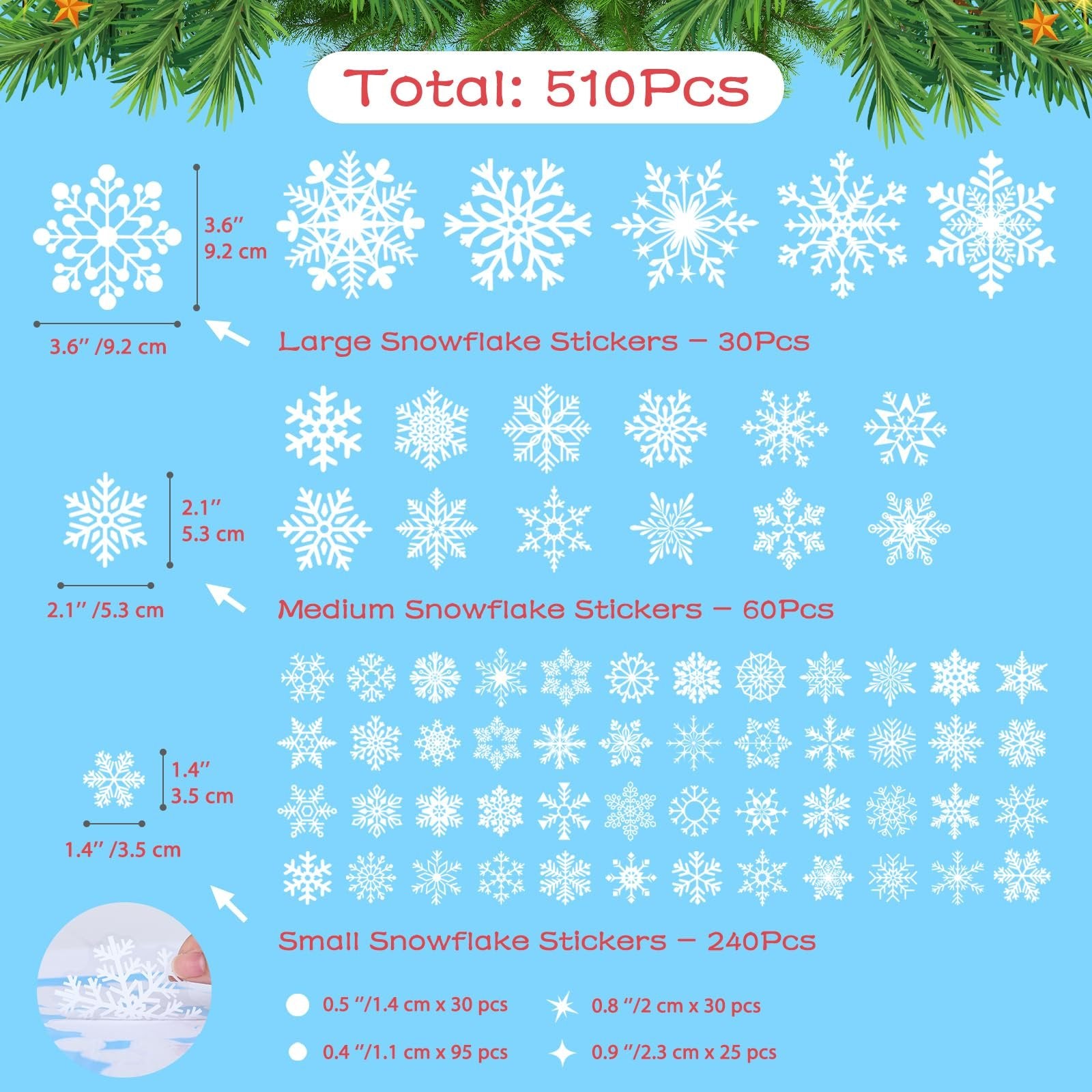 Various sizes of white snowflake stickers displayed against a light blue background, with dimensions and quantities listed.