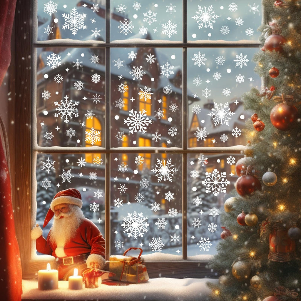 Christmas window scene with Santa Claus, decorated tree, and snowflake clings on the glass