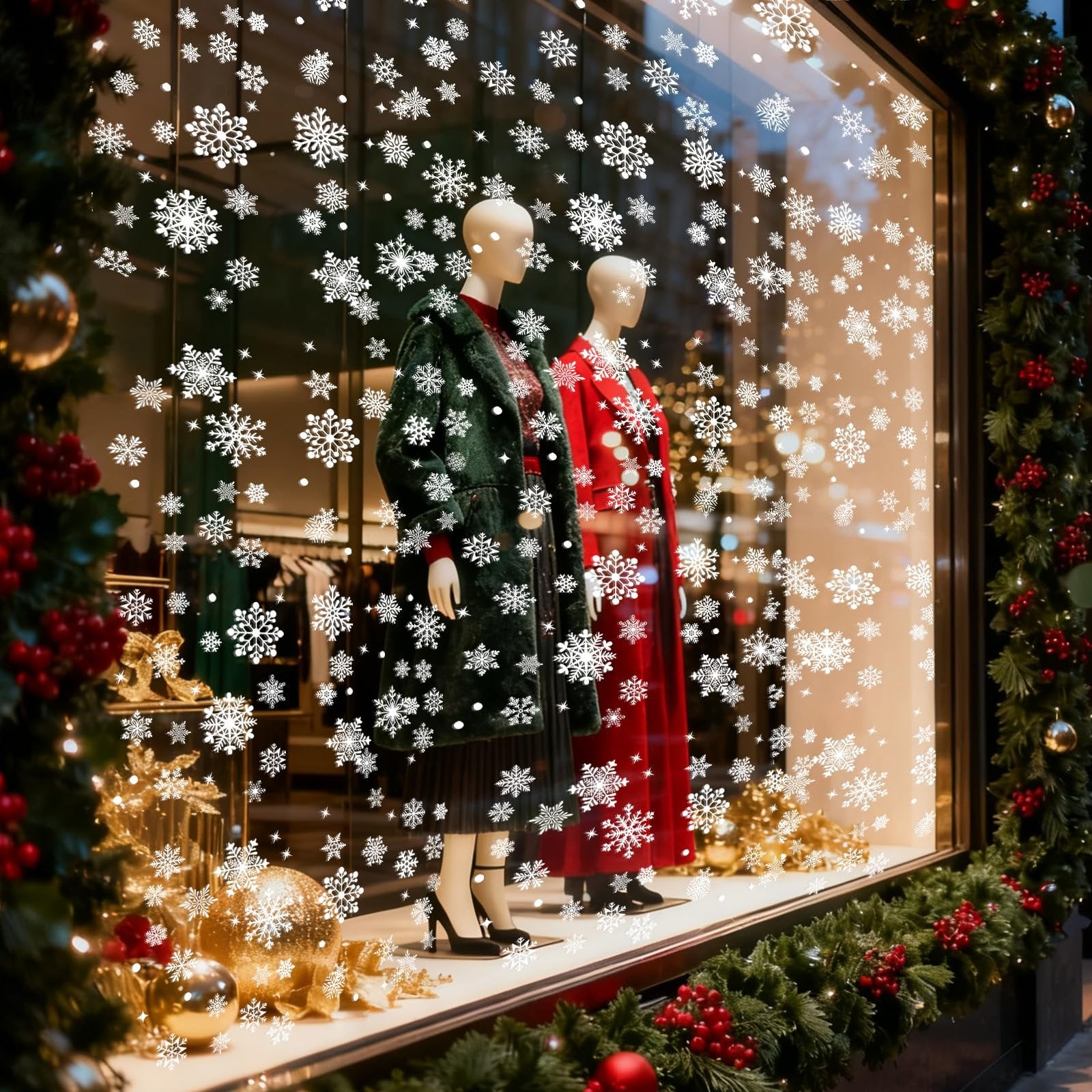 Christmas window display with mannequins wearing festive coats, adorned with white snowflake clings and holiday decorations.