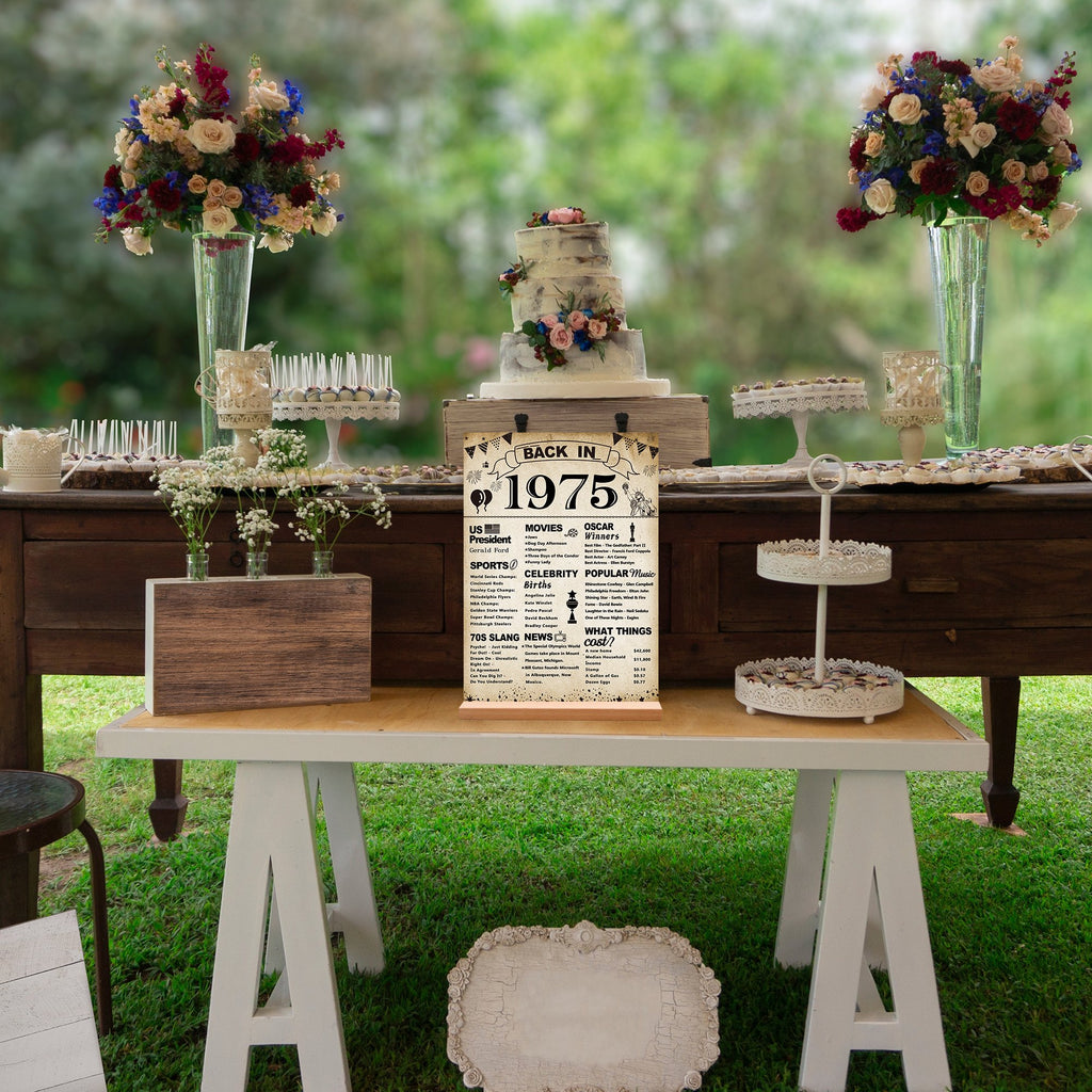 Birthday sign with 'Back in 1975' theme, featuring historical facts and pop culture, displayed at an outdoor party table with cake and flowers.