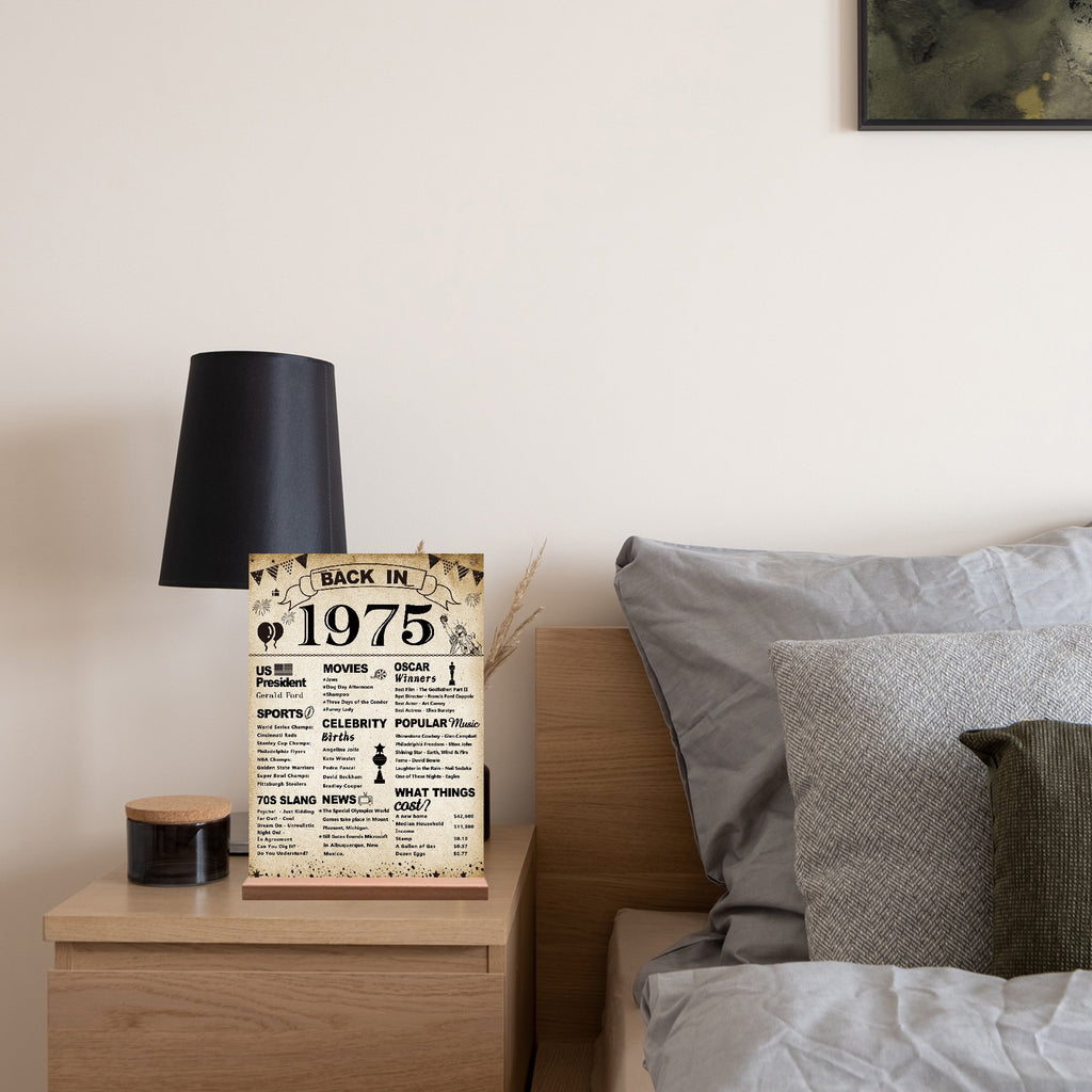 Acrylic sign with 'Back in 1975' theme, featuring historical facts and pop culture from that year, displayed on a nightstand.