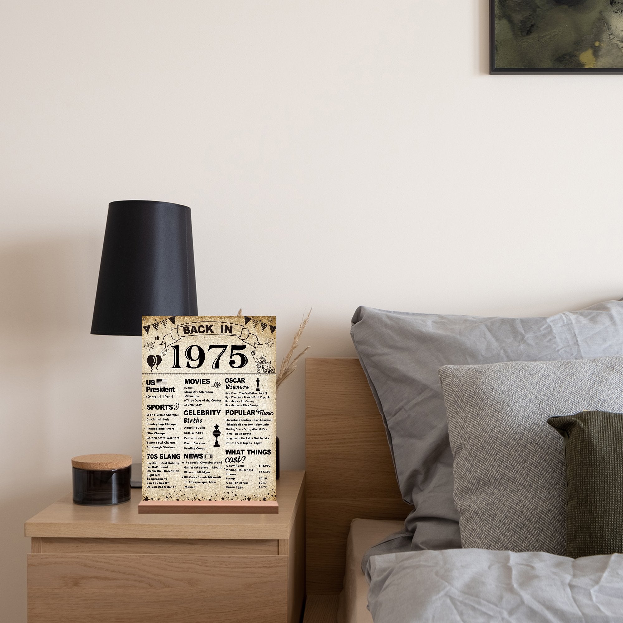Acrylic sign with 'Back in 1975' theme, featuring historical facts and pop culture from that year, displayed on a nightstand.