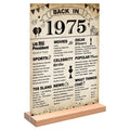 51st birthday acrylic sign with wooden stand, featuring 'Back in 1975' theme with historical facts and trivia.