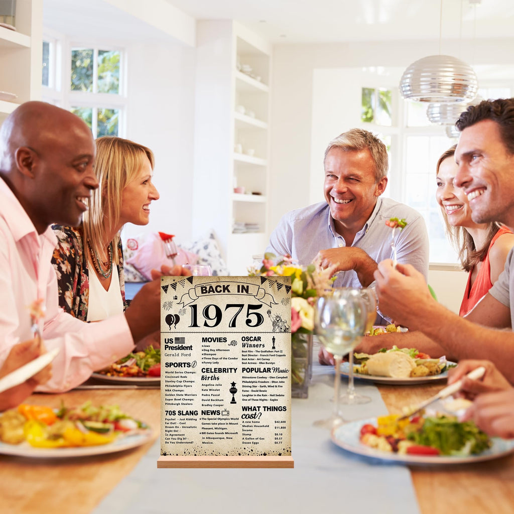 Birthday sign with 'Back in 1975' theme, featuring historical facts and pop culture, displayed at a dinner party.