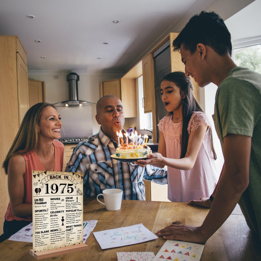 Family celebrating a birthday with a cake and a 'Back in 1975' sign. The sign lists historical events, pop culture, and prices from that year.