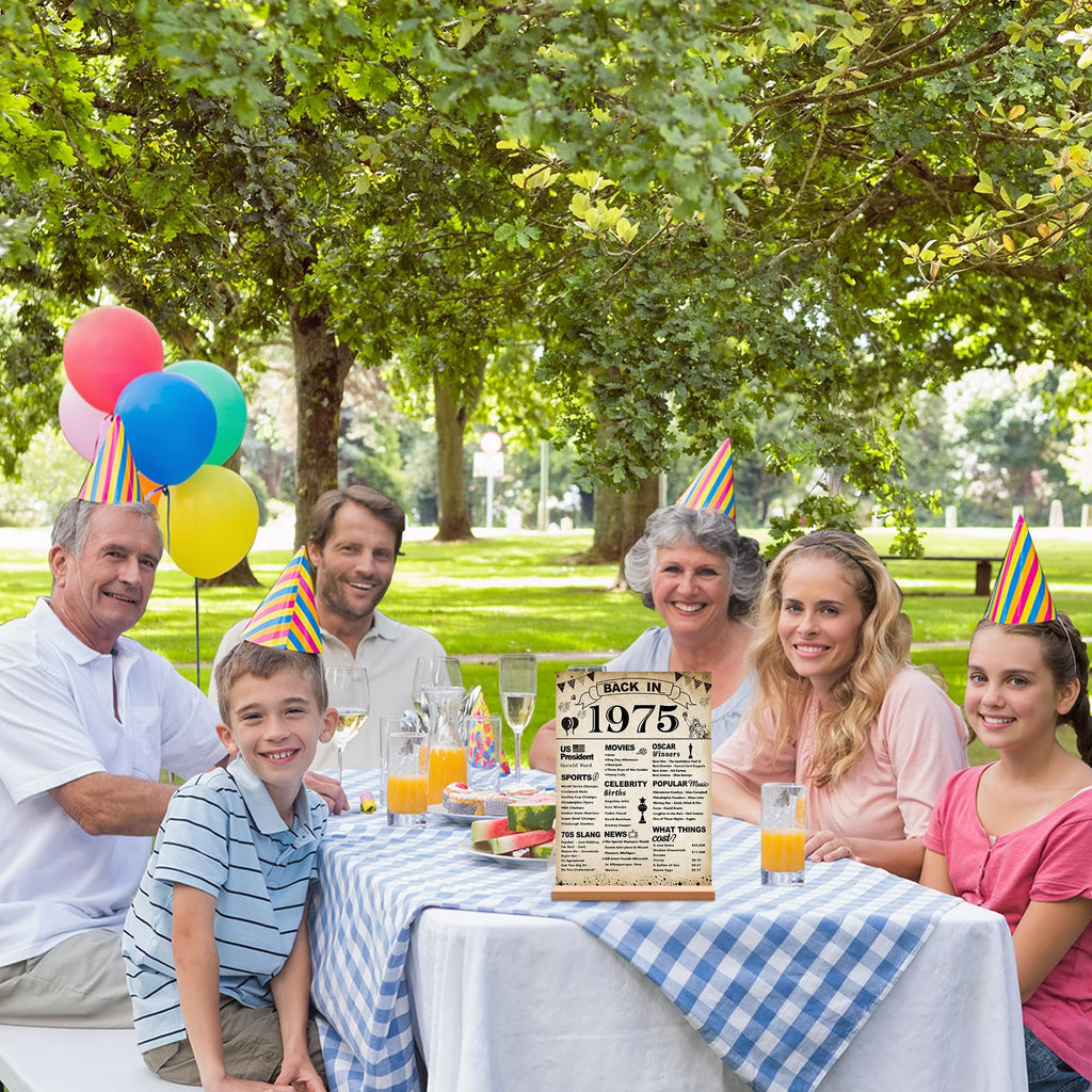 Family celebrating a 51st birthday outdoors with balloons and party hats, featuring a 'Back in 1975' sign with trivia.