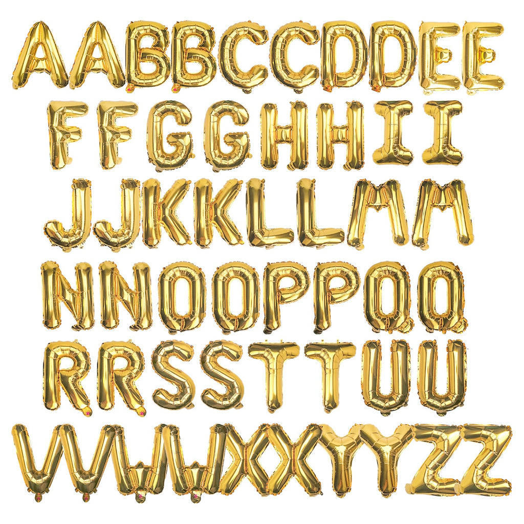 Gold foil letter balloons spelling out the entire alphabet, arranged in rows on a white background.