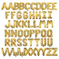 Gold foil letter balloons spelling out the entire alphabet, arranged in rows on a white background.