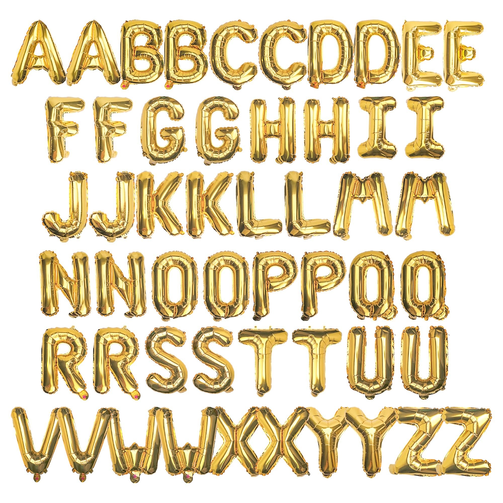 Gold foil letter balloons spelling out the entire alphabet, arranged in rows on a white background.