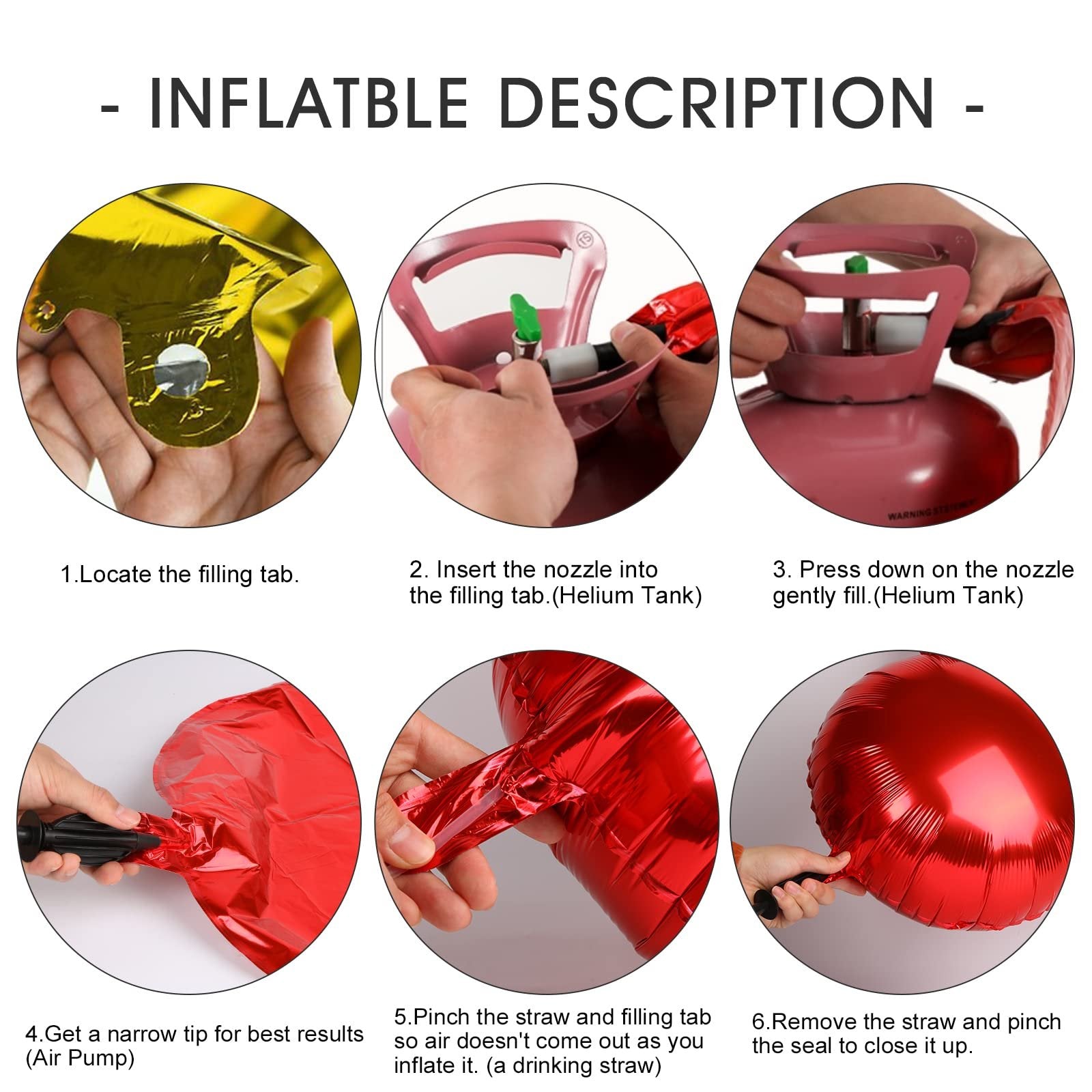 Six-step guide showing how to inflate foil letter balloons using a helium tank or air pump.