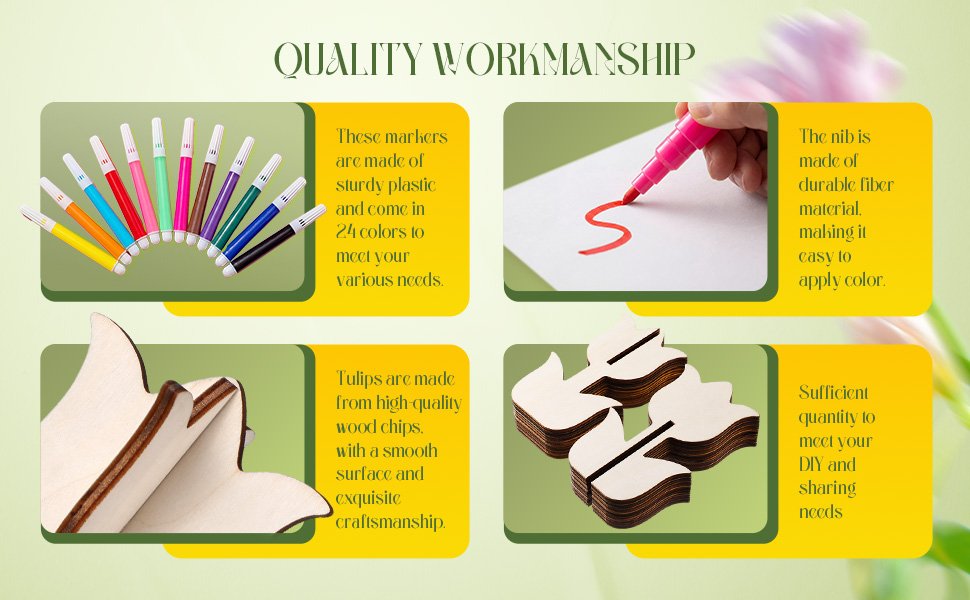 Collage of images showing a Mother's Day DIY wooden tulip painting kit: colorful markers, a hand drawing with a pink marker, close-up of wooden tulip cutouts, and stacks of tulip cutouts.
