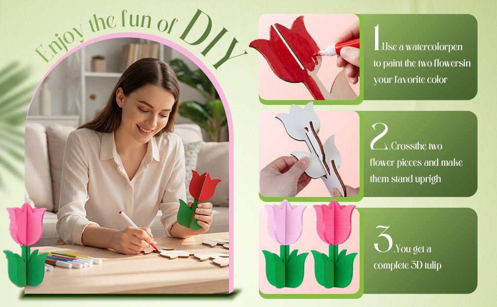 Woman painting a wooden tulip cutout as part of a DIY kit, with step-by-step instructions shown.
