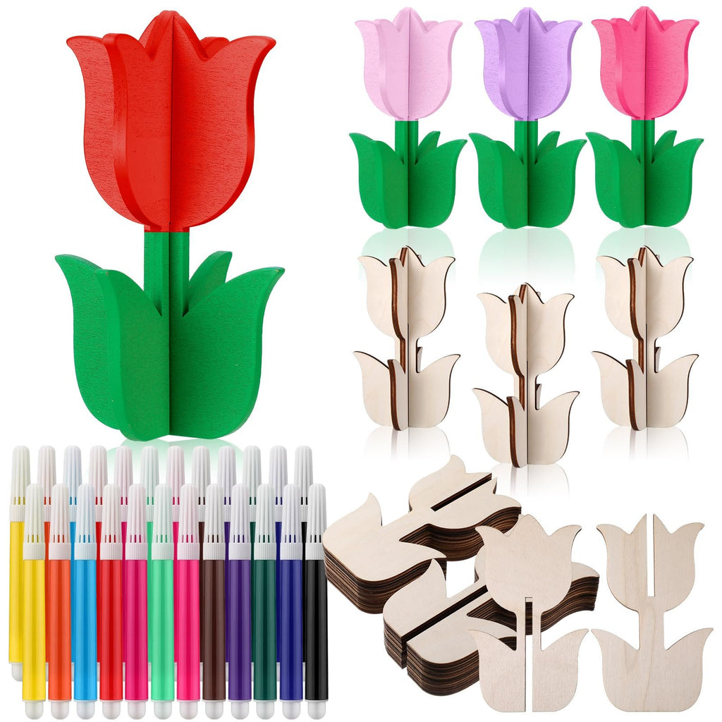 Mother's Day DIY 3D wooden tulips painting kit with unfinished wood cutouts and colored pens.