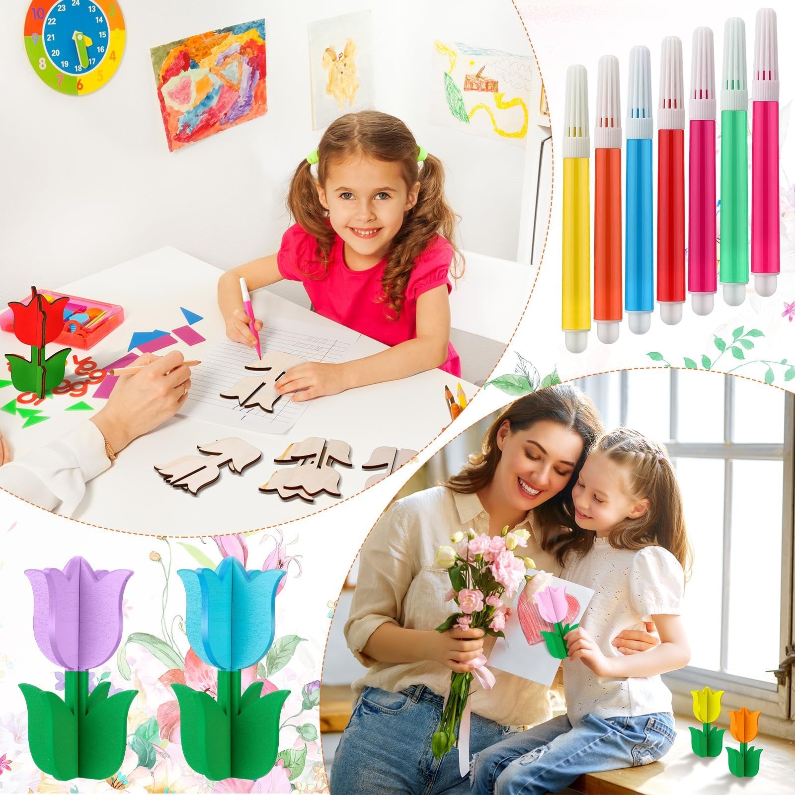 Mother and daughter crafting wooden tulips, with colorful pens and unfinished wood cutouts.