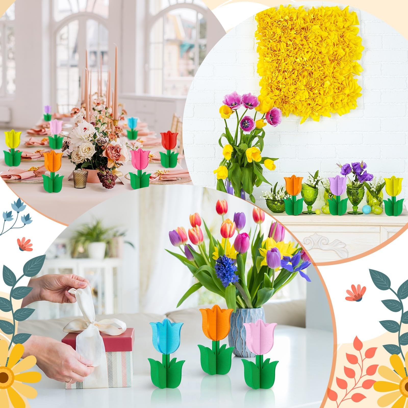 Collage of DIY wooden tulips in various settings: on a dining table, in vases, and being gifted.